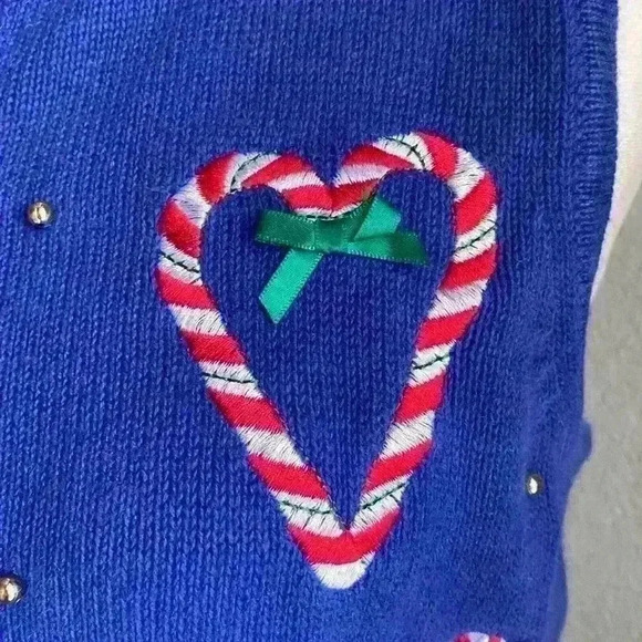Vintage Nouveaux Cute Ugly Christmas Knit Sweater Vest Candy Canes Blue Zipper M - Picture 4 of 10